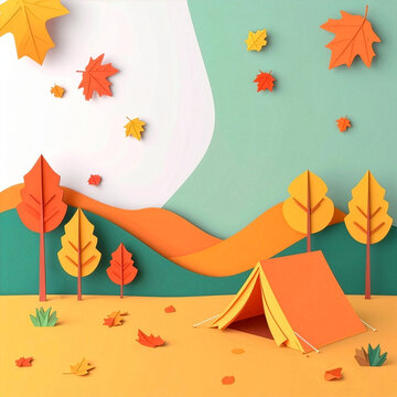 Autumn camping tent on hills paper cut style background with copy space, fall season outdoor nature travel vector illustration