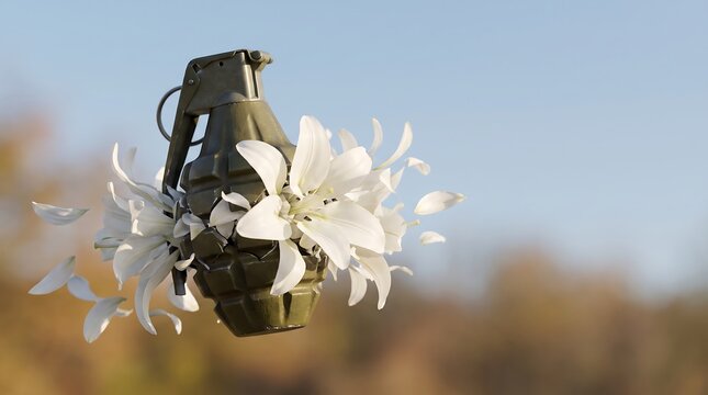 Surreal conceptual art of military hand grenade exploding with beautiful white flowers instead of fire