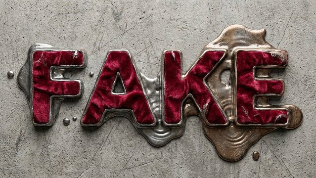 Close up shot of the word FAKE spelled out in large stylized letters, industrial metallic surface texture background, conveying deception or illusionary themes, perfect for marketing reveals