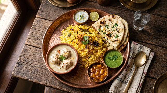  elaborate Indian feast served on a traditional copper-toned thali platter, featuring a centerpiece of aromatic yellow biryani surrounded by various side dishes