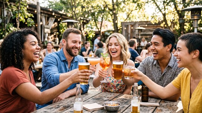 Diverse group of friends laughing and toasting drinks at an outdoor patio bar during a sunny day