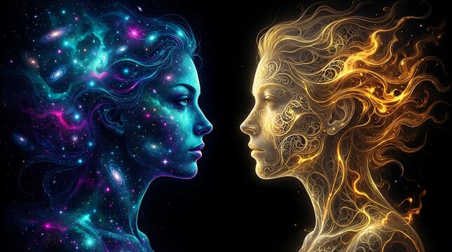 Two ethereal faces facing each other representing cosmic galaxy and golden fire energy
