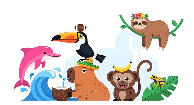 A Joyful Collection of Diverse Tropical Animals on a Summer Holiday