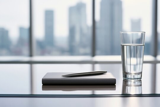 Minimalist Office Workspace with Gray Notebook, Metallic Pen and Glass of Water