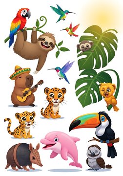 A Vibrant Collection of Adorable Cartoon Jungle and Rainforest Animals Illustration