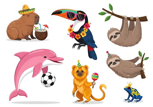 A Vibrant Tropical Animal Party Illustration Featuring Diverse Wildlife and Festive Elements