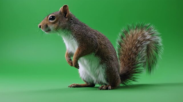 Curious squirrel posing in studio lighting against a vibrant green background with cinematic motion