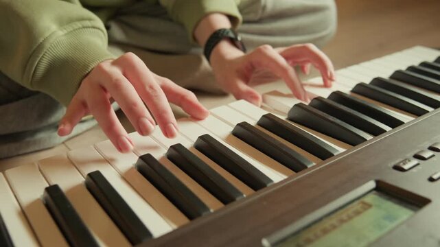 Adult hands in green long sleeves and wristwatch play electronic keyboard from low angle, fingers pressing glossy black and white keys with steady rhythm, soft light, and clear motion