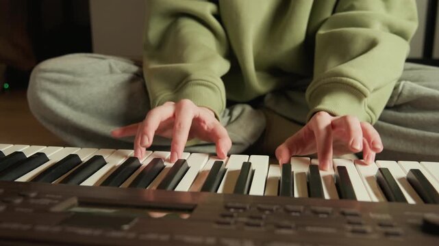 Close view shows hands pressing keys on electronic keyboard during relaxed home practice, with finger movement, subtle blur, cross-legged posture, warm light, and casual clothing, with hand, keyboard
