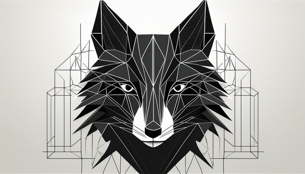 geometric black fox on white background with minimalist lines and shapes monochrome trendy design