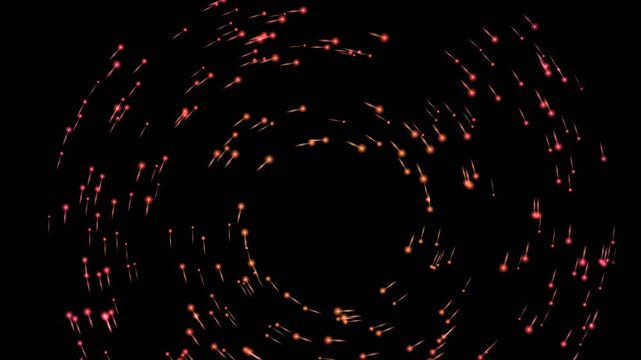Abstract vortex of glowing orange light particles spinning in a circle on a black background