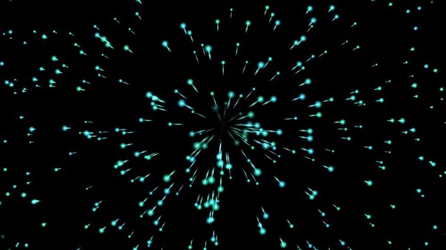 Abstract blue particle explosion or hyperspace starfield animation against a black background motion graphics and digital vfx concept representing fast travel, technology, and futuristic data
