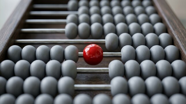 Vintage wooden abacus with grey beads and one red bead, traditional counting tool for business finance, mathematical calculation concept