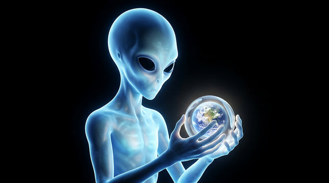 Extraterrestrial alien holding a glowing crystal sphere with planet Earth inside
