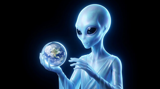 Mysterious glowing extraterrestrial being carefully holding Planet Earth in its hands