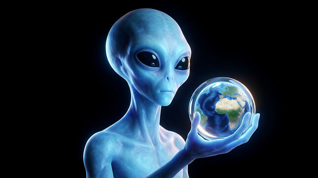 Extraterrestrial Blue Alien Holding Planet Earth Sphere in Hand on Black Background