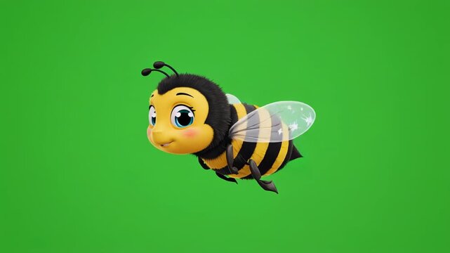 Cute cartoon bee flying in a green screen environment during daytime with soft lighting and shallow depth of field for animation