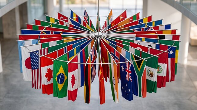Flags of various nations hang in a multi-tiered circular display inside a modern architectural building interior.
