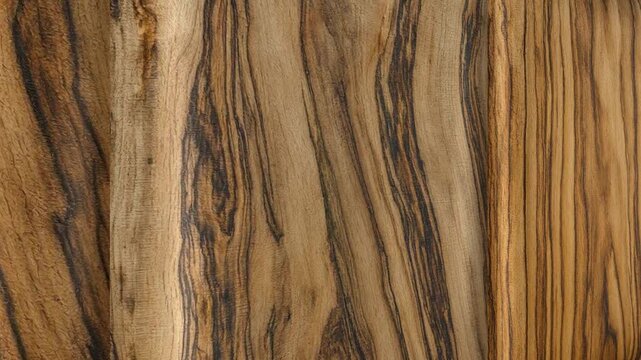 Dynamic Surface Movement Along Zebrawood Wooden Boards Revealing Striking Grain Patterns, Organic Texture, Distinctive Detail and Sophisticated Character