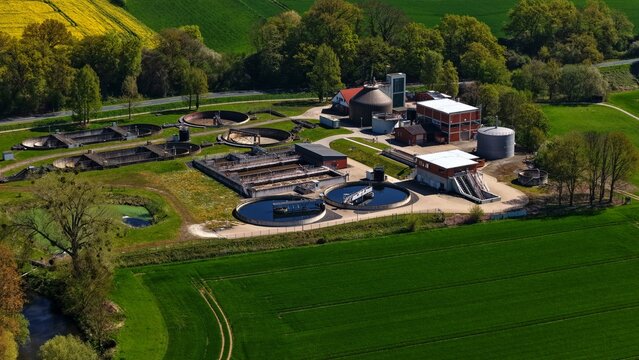 Aerial Wastewater Treatment Plant with Clarifiers and Sludge Digester