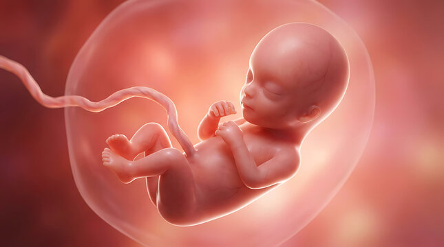 Scientific 3D Illustration of a Human Fetus Developing Inside the Womb with Visible Umbilical Cord