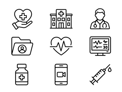Modern Minimalist Medical Healthcare Icons Set Featuring Hospital Building, Doctor Profile, Heartbeat, Pill Bottle,