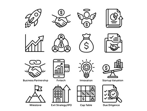 Modern Minimalist Icons Showcasing Business Growth, Finance, Real Estate, and Technology Concepts in Flat Vector