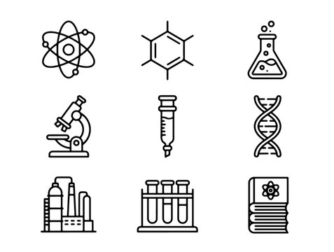 Modern Minimalist Science and Research Icons Set Featuring Atomic Structure, Molecular Bond, Lab Glassware, DNA