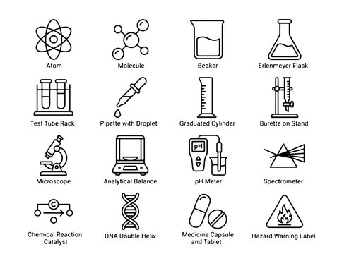 Educational Icons Set Featuring Science Lab Equipment, Technology, and Safety Symbols in Minimalist Black and White