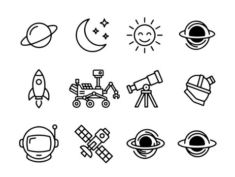Whimsical Black and White Space Exploration Icons Set Featuring Celestial Bodies, Astronaut, Telescope, Rover, and