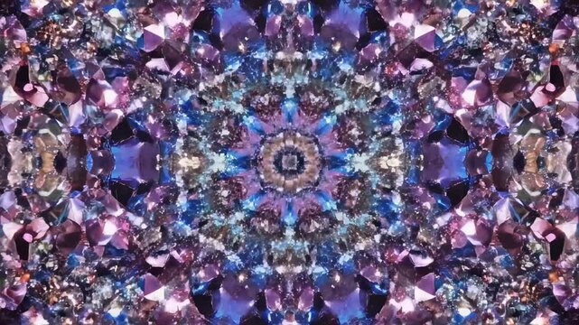 Vibrant Crystal Kaleidoscope Mandala with Purple and Orange Mineral Textures, Ideal for Meditation Backgrounds.