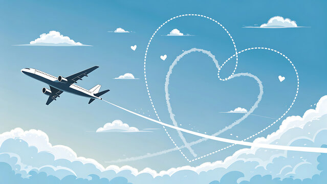 Airplane drawing a heart shape in the blue sky with contrails for romantic travel concept.
