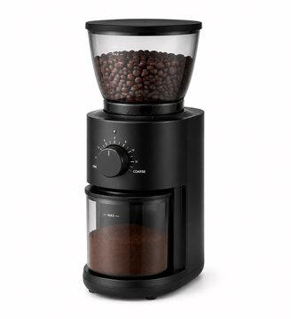 Electric coffee grinder with beans and grounds