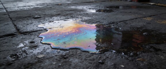 Fototapeta premium Colorful iridescent oil slick puddle on wet urban asphalt ground
