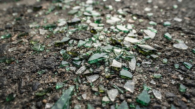 Shattered green glass shards on dark asphalt, broken bottle pieces on ground, concept of accident or vandalism