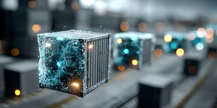 Smart cargo containers with digital network connections representing logistics, shipping automation