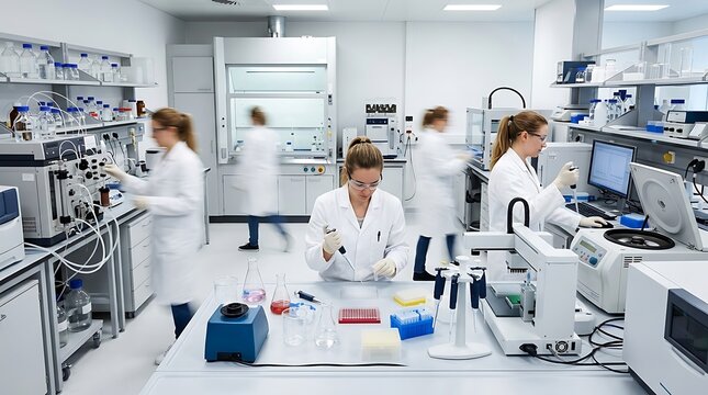 Female scientists collaborating in modern laboratory.