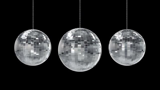 disco balls rotating isolated alpha channel loop animation, 3d music party night and concert social media motion design element