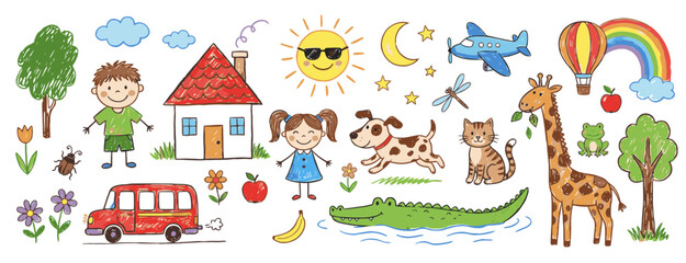 Fototapeta premium Cute Kids Drawing Doodle Elements Set with House, Children, Animals, Bus, Sun, and Rainbow Vector
