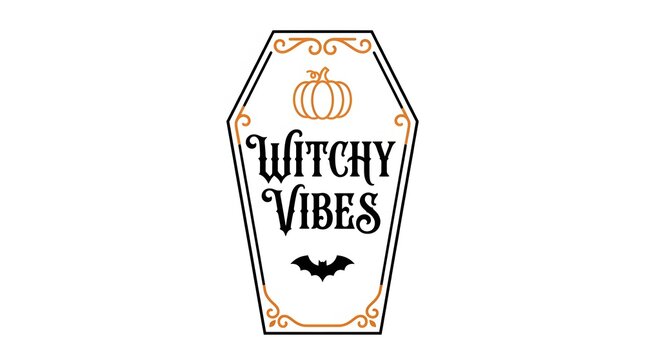 Decorative halloween typography featuring witchy vibes text inside a spooky coffin shape for seasonal holiday graphic design projects