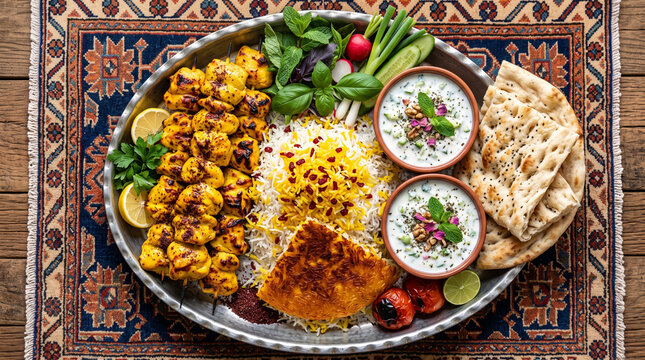 platter features traditional Iranian cuisine centered around Joojeh Kabab (saffron-marinated grilled chicken skewers) paired with aromatic saffron-topped basmati rice, a crispy rice crust (tahdig), 
