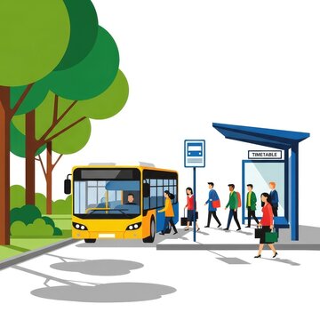 Yellow School Bus at Timetable Stop With Passengers and Trees
