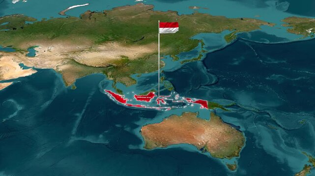 Indonesia flagged on earth map with surrounding continents aerial view video