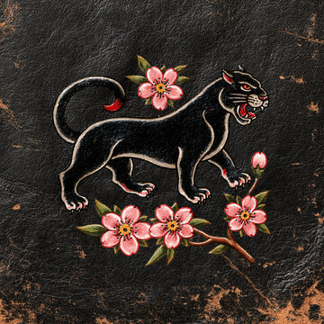 Panther tattoo design with cherry blossom branches, traditional tattoo art