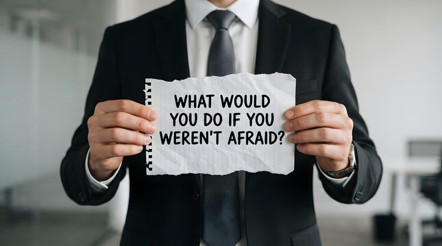 Professional holding motivational question sign about overcoming fear in office setting with modern office environment motivational text asking