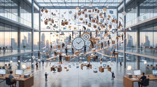 Abstract office chaos with tiny people working on floating desks and a giant clock