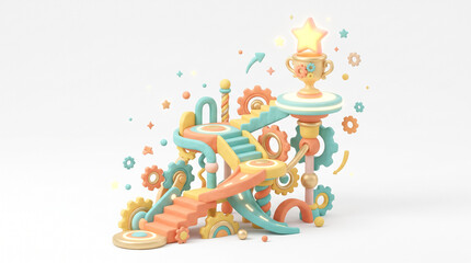 Naklejka premium Whimsical 3D playground with gears and a trophy symbolizes achievement and progress