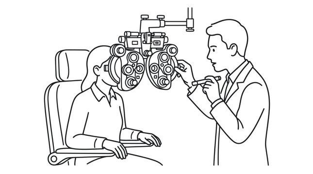 Optometrist conducting eye examination using phoropter on patient.