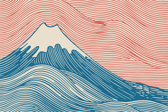 Japanese wave illustration with snow capped mountain peak under red sky. Mount Fuji visual art featuring ocean waves in Japanese woodblock style. 