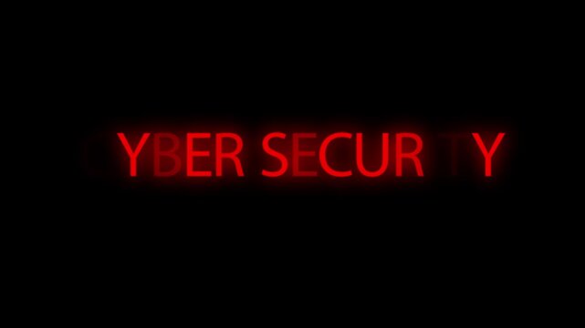 Cyber security lettering glows red against a dark black background.